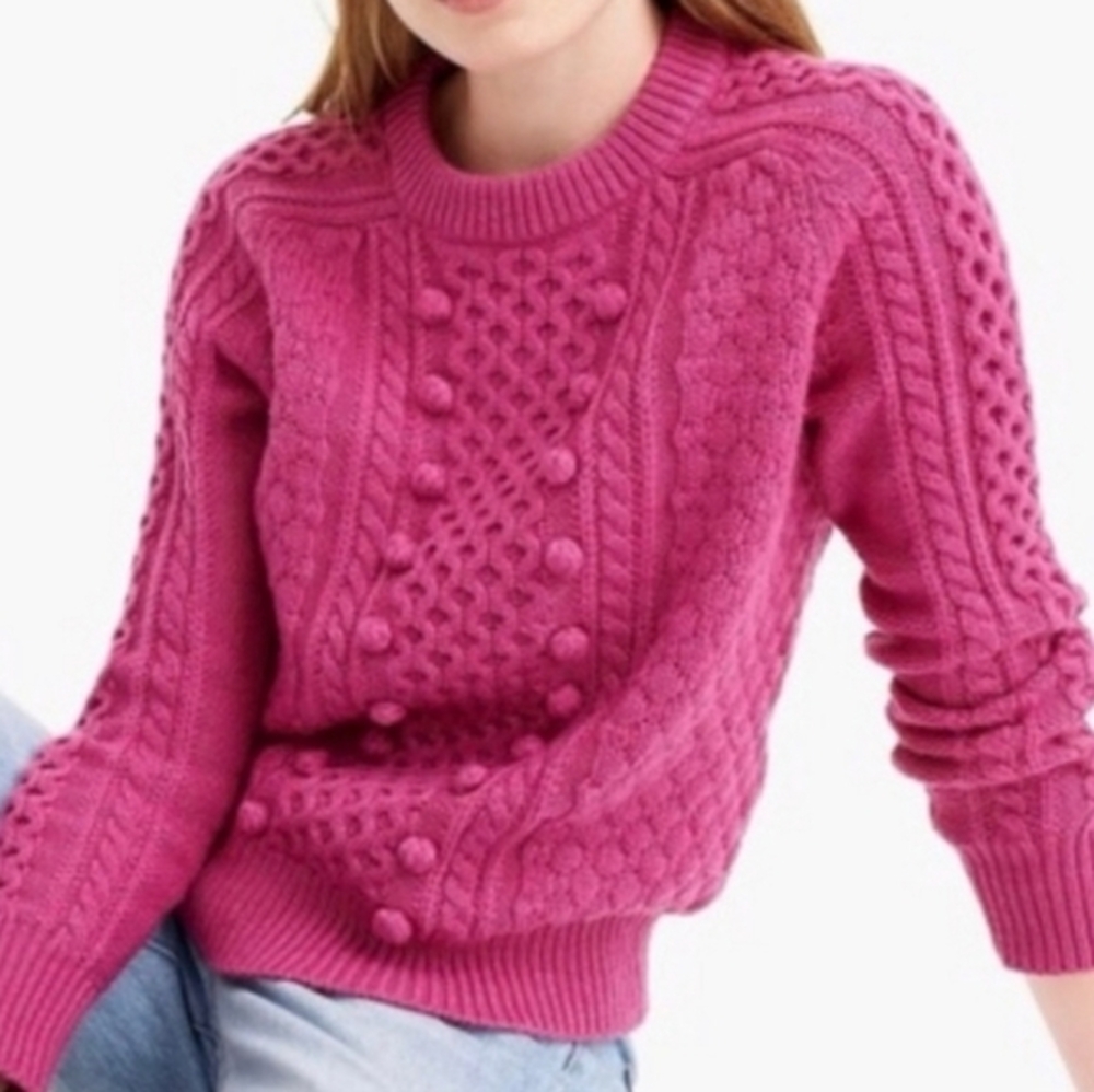 J‎ CREW POM POM CABLEKNIT WOOL SWEATER PINK XS